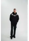 SBRD- Erkek 3 İplik Pamuklu Kapüşonlu Baskılı Cepli Oversize Sweatshirt Hoodie - Siyah
