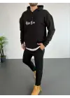 SBRD- Erkek 3 İplik Pamuklu Kapüşonlu Baskılı Cepli Oversize Sweatshirt Hoodie - Siyah