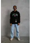 SBRD- Erkek 3 İplik Pamuklu Kapüşonlu Baskılı Cepli Oversize Sweatshirt Hoodie - Siyah