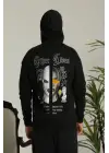 SBRD- Erkek 3 İplik Pamuklu Kapüşonlu Baskılı Cepli Oversize Sweatshirt Hoodie - Siyah