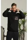 SBRD- Erkek 3 İplik Pamuklu Kapüşonlu Baskılı Cepli Oversize Sweatshirt Hoodie - Siyah