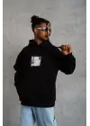 SBRD- Erkek 3 İplik Pamuklu Kapüşonlu Baskılı Cepli Oversize Sweatshirt Hoodie - Siyah