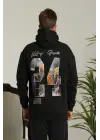 SBRD- Erkek 3 İplik Pamuklu Kapüşonlu Baskılı Cepli Oversize Sweatshirt Hoodie - Siyah