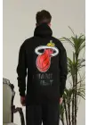 SBRD- Erkek 3 İplik Pamuklu Kapüşonlu Baskılı Cepli Oversize Sweatshirt Hoodie - Siyah