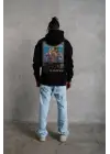 SBRD- Erkek 3 İplik Pamuklu Kapüşonlu Baskılı Cepli Oversize Sweatshirt Hoodie - Siyah