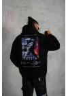 SBRD- Erkek 3 İplik Pamuklu Kapüşonlu Baskılı Cepli Oversize Sweatshirt Hoodie - Siyah