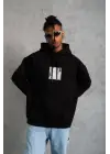 SBRD- Erkek 3 İplik Pamuklu Kapüşonlu Baskılı Cepli Oversize Sweatshirt Hoodie - Siyah