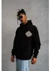 SBRD- Erkek 3 İplik Pamuklu Kapüşonlu Baskılı Cepli Oversize Sweatshirt Hoodie - Siyah