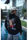 SBRD- Erkek 3 İplik Pamuklu Kapüşonlu Baskılı Cepli Oversize Sweatshirt Hoodie - Siyah