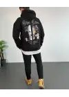 SBRD- Erkek 3 İplik Pamuklu Kapüşonlu Baskılı Cepli Oversize Sweatshirt Hoodie - Siyah