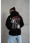 SBRD- Erkek 3 İplik Pamuklu Kapüşonlu Baskılı Cepli Oversize Sweatshirt Hoodie - Siyah