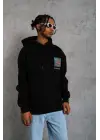 SBRD- Erkek 3 İplik Pamuklu Kapüşonlu Baskılı Cepli Oversize Sweatshirt Hoodie - Siyah