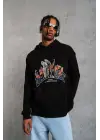 SBRD- Erkek 3 İplik Pamuklu Kapüşonlu Baskılı Cepli Oversize Sweatshirt Hoodie - Siyah