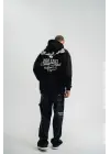 SBRD- Erkek 3 İplik Pamuklu Kapüşonlu Baskılı Cepli Oversize Sweatshirt Hoodie - Siyah