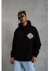 SBRD- Erkek 3 İplik Pamuklu Kapüşonlu Baskılı Cepli Oversize Sweatshirt Hoodie - Siyah