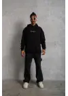 SBRD- Erkek 3 İplik Pamuklu Kapüşonlu Baskılı Cepli Oversize Sweatshirt Hoodie - Siyah