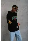 SBRD- Erkek 3 İplik Pamuklu Kapüşonlu Baskılı Cepli Oversize Sweatshirt Hoodie - Siyah