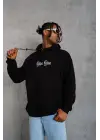 SBRD- Erkek 3 İplik Pamuklu Kapüşonlu Baskılı Cepli Oversize Sweatshirt Hoodie - Siyah