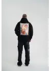 SBRD- Erkek 3 İplik Pamuklu Kapüşonlu Baskılı Cepli Oversize Sweatshirt Hoodie - Siyah