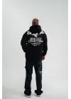 SBRD- Erkek 3 İplik Pamuklu Kapüşonlu Baskılı Cepli Oversize Sweatshirt Hoodie - Siyah