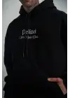SBRD- Erkek 3 İplik Pamuklu Kapüşonlu Baskılı Cepli Oversize Sweatshirt Hoodie - Siyah
