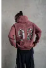 SBRD- Erkek 3 İplik Pamuklu Kapüşonlu Baskılı Cepli Sweatshirt Hoodie - Gül Kurusu