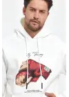SBRD- Erkek 3 İplik Pamuklu Kapüşonlu Cepli Box Eldiven Baskılı Hoodie Sweatshirt - Beyaz