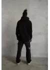 SBRD- Erkek 3 İplik Pamuklu Kapüşonlu Cepli Düz Oversize Hoodie Sweatshirt - Siyah