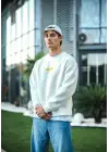 SBRD- Erkek 3 İplik Pamuklu Kışlık Bisiklet Yaka Baskılı Sweatshirt - Beyaz
