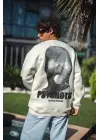 SBRD- Erkek 3 İplik Pamuklu Kışlık Bisiklet Yaka Baskılı Sweatshirt - Beyaz