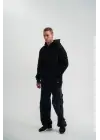 SBRD- Erkek 3 İplik Pamuklu Oversize Kapüşonlu Nakışlı Hoodie Sweatshirt - Siyah