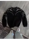 SBRD- Erkek 3 İplik Pamuklu Yıldırım Baskılı Bisiklet Yaka Sweatshirt - Siyah