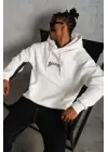 SBRD- Erkek Baskılı Kapüşonlu Ve Kanguru Cepli Sweatshirt Hoodie - Beyaz