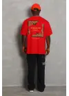 SBRD- Erkek Baskılı Tişört Kısa Kol Bisiklet Yaka Oversize T-shirt - Kırmızı