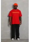 SBRD- Erkek Baskılı Tişört Kısa Kol Bisiklet Yaka Oversize T-shirt - Kırmızı
