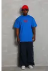 SBRD- Erkek Baskılı Tişört Kısa Kol Bisiklet Yaka Oversize T-shirt - Mavi