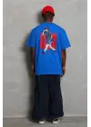 SBRD- Erkek Baskılı Tişört Kısa Kol Bisiklet Yaka Oversize T-shirt - Mavi