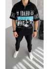SBRD- Erkek  Baskılı Yarım Fermuarlı  kısa Kol T-shirt - Siyah