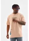 SBRD- Erkek  Bisiklet Yaka Baskılı Oversize T-shirt - Bej