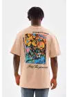 SBRD- Erkek  Bisiklet Yaka Baskılı Oversize T-shirt - Bej