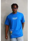 SBRD- Erkek Bisiklet Yaka Baskılı Oversize T-shirt - Mavi