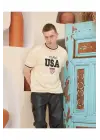 SBRD- Erkek Bisiklet Yaka Tişört Nakış İşlemeli Kısa Kol Oversize T-shirt - Bej