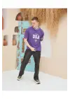 SBRD- Erkek Bisiklet Yaka Tişört Nakış İşlemeli Kısa Kol Oversize T-shirt - Mor