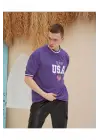 SBRD- Erkek Bisiklet Yaka Tişört Nakış İşlemeli Kısa Kol Oversize T-shirt - Mor