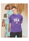SBRD- Erkek Bisiklet Yaka Tişört Nakış İşlemeli Kısa Kol Oversize T-shirt - Mor