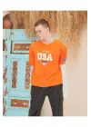 SBRD- Erkek Bisiklet Yaka Tişört Nakış İşlemeli Kısa Kol Oversize T-shirt - Turuncu
