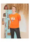 SBRD- Erkek Bisiklet Yaka Tişört Nakış İşlemeli Kısa Kol Oversize T-shirt - Turuncu