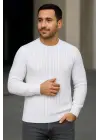 SBRD- Erkek Bisiklet Yaka Triko Kazak Pamuklu Kalın Fitilli Dokuma Regular Fit - Beyaz