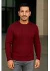 SBRD- Erkek Bisiklet Yaka Triko Kazak Pamuklu Kalın Fitilli Dokuma Regular Fit - Bordo
