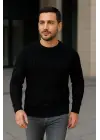 SBRD- Erkek Bisiklet Yaka Triko Kazak Pamuklu Kalın Fitilli Dokuma Regular Fit - Siyah
